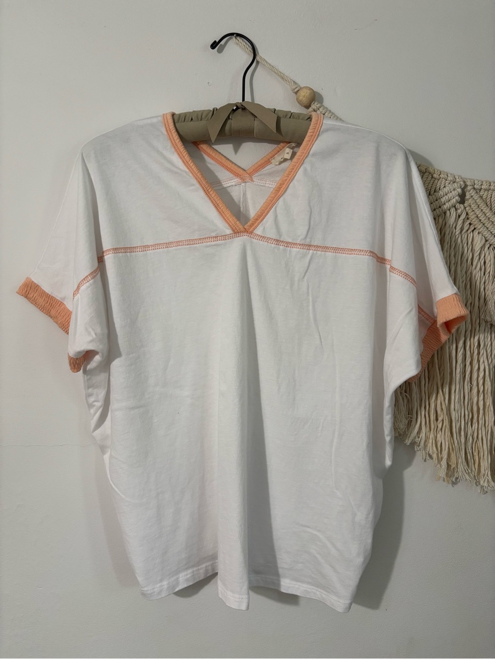 Women's White Short-Sleeve V-Neck Tee with Peach Trim